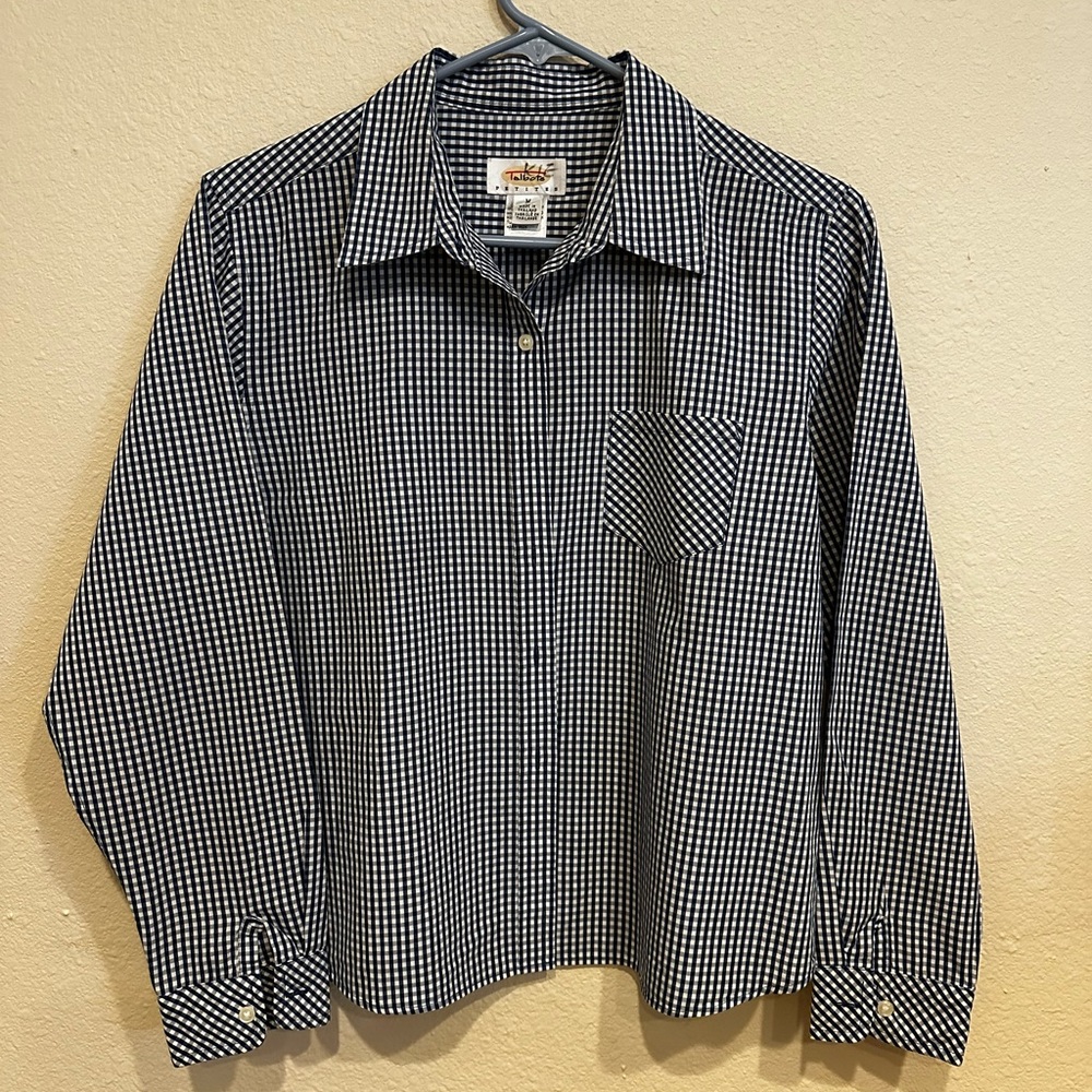 Talbots Women’s Long Sleeve Blue and White Checkered Blouse—Size M